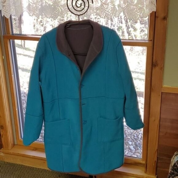 Vintage Reversible Sz 2X Gray/Teal Fleece Long Button Coat with Pockets - Picture 3 of 8